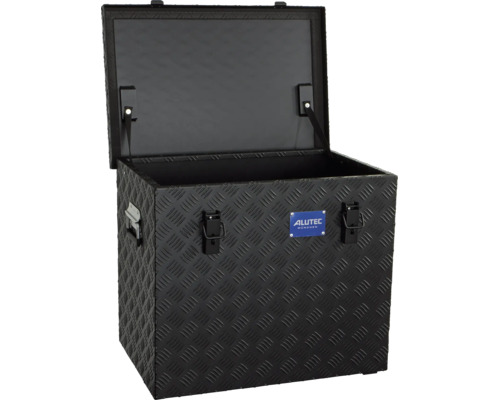 Offene Werkzeugbox aus Aluminium mit Riffelblech Struktur und Alutec München Logo.