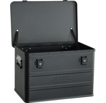 Offene Alutec München Transportbox aus Aluminium mit zwei abschließbaren Schnappverschlüssen und Seitengriffen.