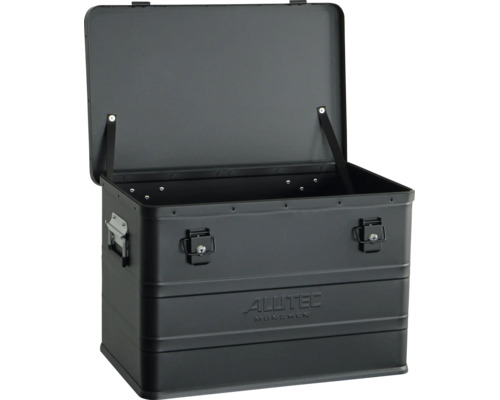 Offene Alutec München Transportbox aus Aluminium mit zwei abschließbaren Schnappverschlüssen und Seitengriffen.