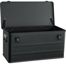 Offene Alutec Transportbox aus Aluminium mit zwei abschließbaren Schnappverschlüssen und Tragegriffen.