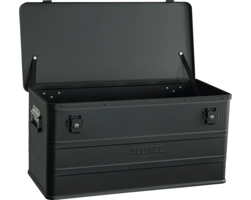 Offene Alutec Transportbox aus Aluminium mit zwei abschließbaren Schnappverschlüssen und Tragegriffen.