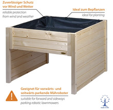 Holz Hochbeet mit Pflanzfolie als Garage fuer Maeheroboter mit wetterfestem Schutz und Platz fuer Bepflanzung.