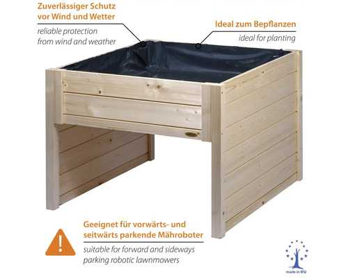 Holz Hochbeet mit Pflanzfolie als Garage fuer Maeheroboter mit wetterfestem Schutz und Platz fuer Bepflanzung.