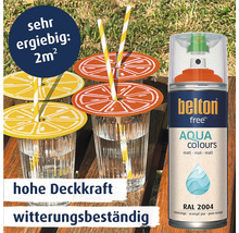 Belton Free Aqua Colours Sprühlack in reinorange RAL 2004, matt und witterungsbeständig, 2 Quadratmeter Ergiebigkeit.