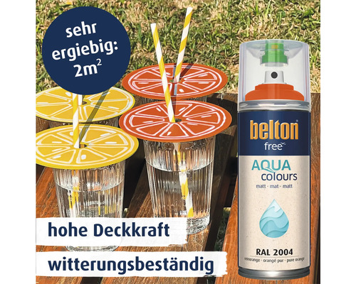 Belton Free Aqua Colours Sprühlack in reinorange RAL 2004, matt und witterungsbeständig, 2 Quadratmeter Ergiebigkeit.
