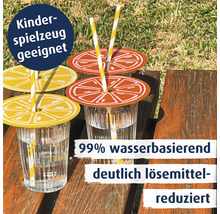 Trinkbecherabdeckungen in Zitrusfrucht Optik auf Gläsern mit Strohhalmen