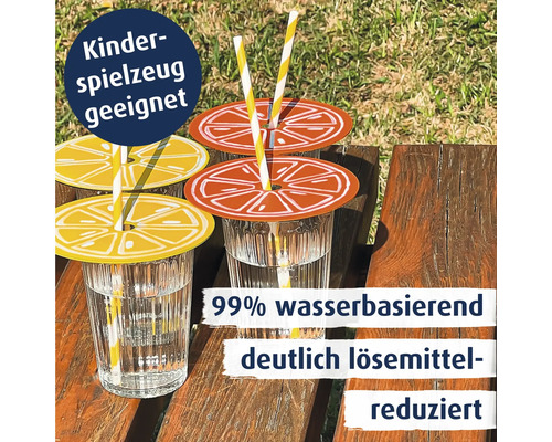 Trinkbecherabdeckungen in Zitrusfrucht Optik auf Gläsern mit Strohhalmen