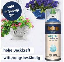 Belton Free Aqua Colours Lackspray in Enzianblau matt, witterungsbeständig mit hoher Deckkraft für zwei Quadratmeter Fläche.