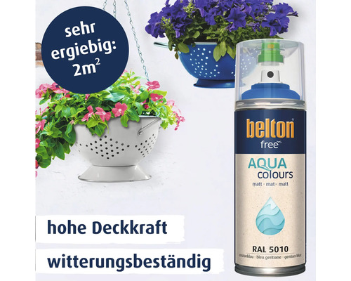 Belton Free Aqua Colours Lackspray in Enzianblau matt, witterungsbeständig mit hoher Deckkraft für zwei Quadratmeter Fläche.