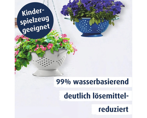 Zwei als Pflanzgefässe umfunktionierte Küchensiebe mit Blumen bepflanzt, mit Hinweisen zur Eignung für Kinderspielzeug und Wasserbasis des Lacks.