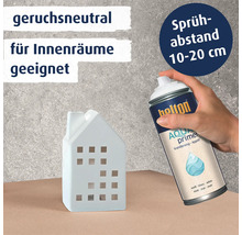 Eine Hand hält eine Belton Aqua Sprühgrundierung über ein kleines Keramikhaus mit Informationen zu Geruchsneutralität und Sprühabstand.