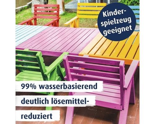 Bunte Gartenmöbel aus Holz mit wasserbasierter Lackierung, geeignet für Kinderspielzeug und lösemittelreduziert.