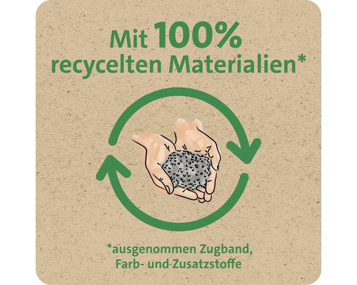 Symbol für ein Produkt aus 100 Prozent recycelten Materialien, ausgenommen Zugband, Farb- und Zusatzstoffe.
