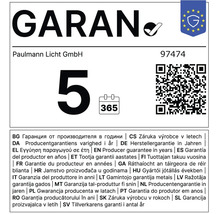Garantiekarte von Paulmann Licht GmbH mit einer Laufzeit von 5 Jahren für das Produkt mit der Artikelnummer 97474 inklusive QR Code.