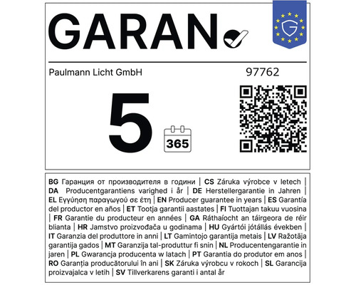 Cinq ans de garantie constructeur pour le produit Paulmann Licht GmbH avec le numéro d'article 97762.