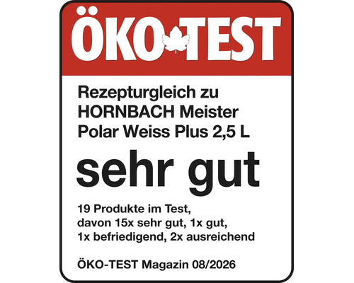 Label Oeko Test avec la note tres bien pour la peinture Hornbach Meister Polar Weiss Plus.