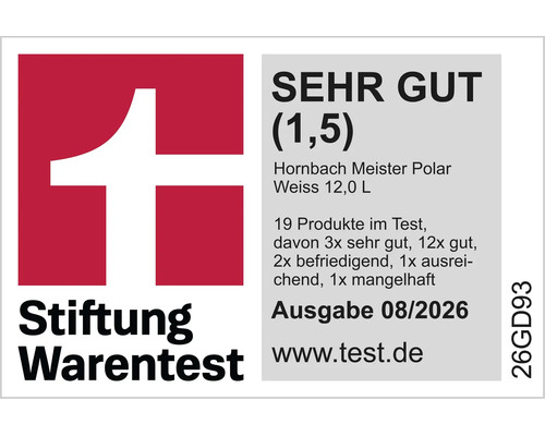 Label Stiftung Warentest avec note très bien 1,5 pour la peinture murale Hornbach Meister Polar Weiss 12 litres, édition 08/2026.