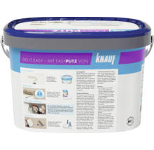 Enduit décoratif Knauf Easyputz en seau avec instructions de mise en œuvre détaillées et conseils d'utilisation sur l'étiquette.