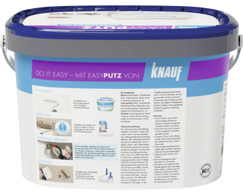 Enduit décoratif Knauf Easyputz en seau avec instructions de mise en œuvre détaillées et conseils d'utilisation sur l'étiquette.