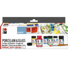 Set de peinture pour porcelaine et verre Marabu avec six pots de peinture et un pinceau pour des résultats brillants.
