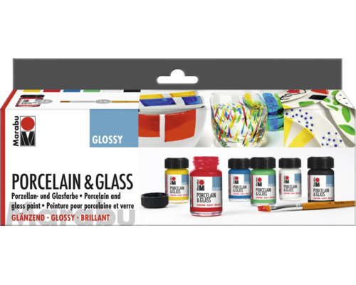 Set de peinture pour porcelaine et verre Marabu avec six pots de peinture et un pinceau pour des résultats brillants.