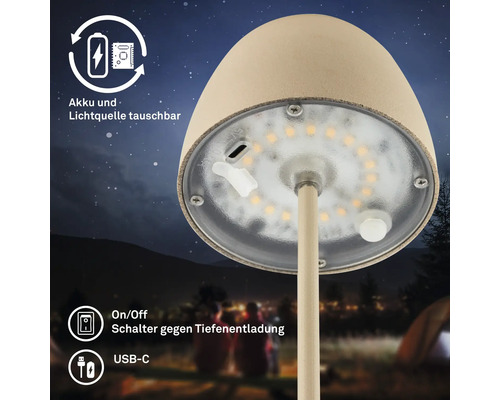 Lampe de table LED avec batterie et source lumineuse remplaçables, port USB-C et protection contre la décharge profonde en extérieur.