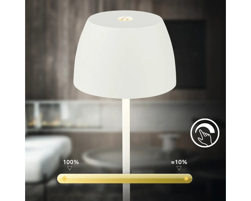 Tischleuchte mit Touch Dimmfunktion und stufenloser Helligkeitsregelung von 10 Prozent bis 100 Prozent Lichtstärke.