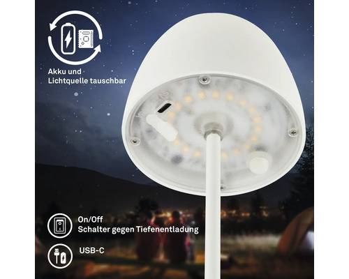 LED Tischleuchte mit Akku und tauschbarer Lichtquelle, USB-C Anschluss und Tiefentladeschutzschalter vor abendlicher Campingkulisse.