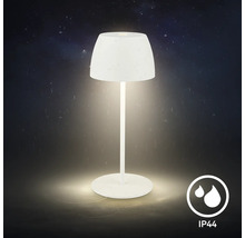 Moderne LED Tischleuchte fuer den Aussenbereich mit IP 44 Schutz gegen Spritzwasser vor dunklem Hintergrund.