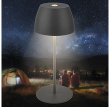 Moderne LED Tischleuchte für den Außenbereich mit Akkubetrieb und rundem Lampenschirm vor einem nächtlichen Camping Hintergrund.