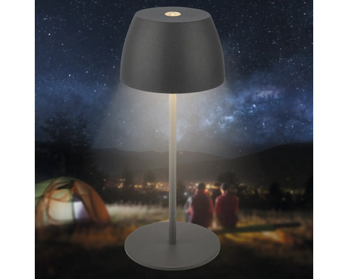 Moderne LED Tischleuchte für den Außenbereich mit Akkubetrieb und rundem Lampenschirm vor einem nächtlichen Camping Hintergrund.