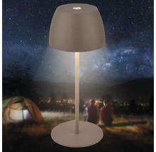 Moderne LED Tischleuchte fuer den Aussenbereich mit schirmfoermigem Leuchtkopf und schmalem Standfuss vor naechtlicher Camping Kulisse.