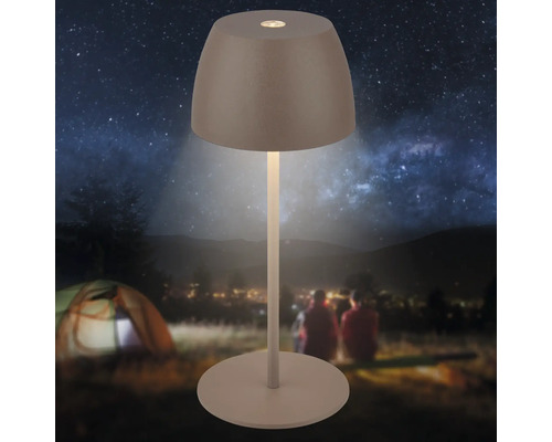 Moderne LED Tischleuchte fuer den Aussenbereich mit schirmfoermigem Leuchtkopf und schmalem Standfuss vor naechtlicher Camping Kulisse.