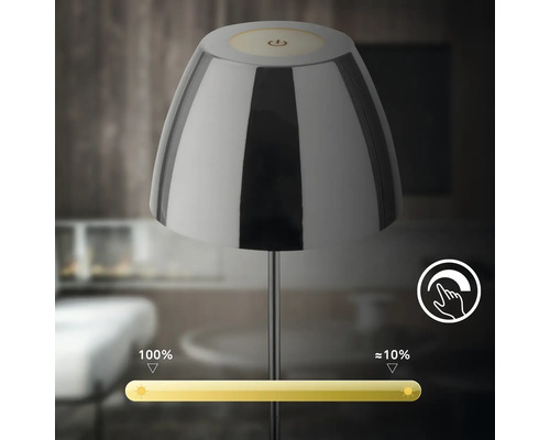 Lampe dimmable avec interrupteur tactile permettant de régler la luminosité de 10 à 100 pour cent pour une ambiance lumineuse personnalisée.