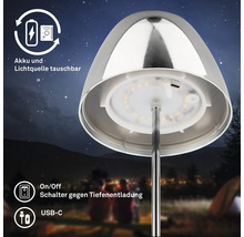 Lampe de table LED avec batterie et source lumineuse remplaçables, incluant interrupteur marche arrêt et port de chargement USB C.