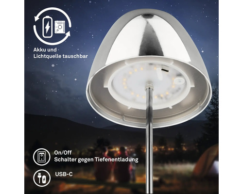 Lampe de table LED avec batterie et source lumineuse remplaçables, incluant interrupteur marche arrêt et port de chargement USB C.
