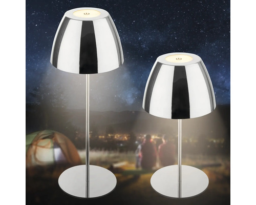 Deux lampes de table LED modernes avec une surface brillante et un interrupteur integre pour l interieur et l exterieur.
