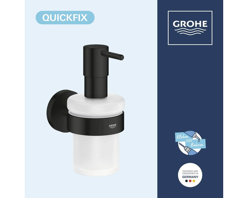 Distributeur de savon Grohe QuickFix pour montage mural avec finition mate et réservoir en verre, compatible avec collage ou perçage.