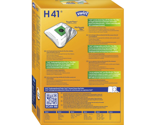Sac aspirateur Swirl H 41 avec filtre MicroPor Plus pour divers modèles d aspirateurs Hoover dans emballage produit.