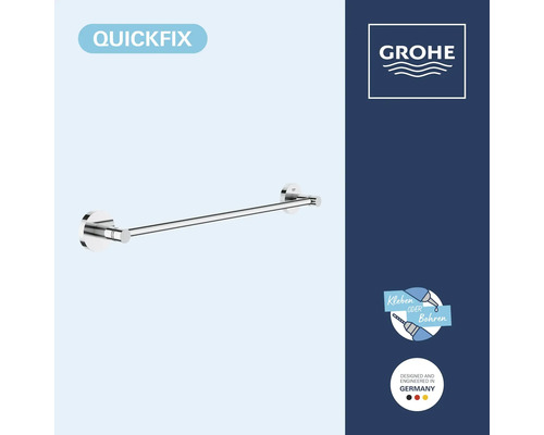 Porte serviette Grohe en métal pour montage mural par collage ou perçage avec logo Grohe et technologie Quickfix.