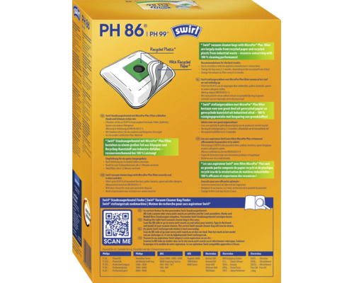 Sac aspirateur Swirl PH 86 avec filtre MicroPor Plus pour une aspiration efficace et une élimination hygiénique pour divers modèles d aspirateurs