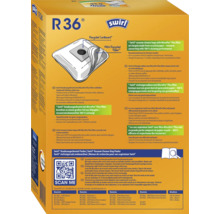 Sac aspirateur Swirl R 36 avec filtre MicroPor Plus dans son emballage avec détails d utilisation et code QR pour la recherche de produit.