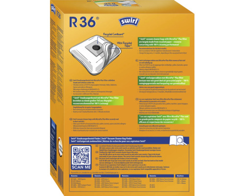 Sac aspirateur Swirl R 36 avec filtre MicroPor Plus dans son emballage avec détails d utilisation et code QR pour la recherche de produit.
