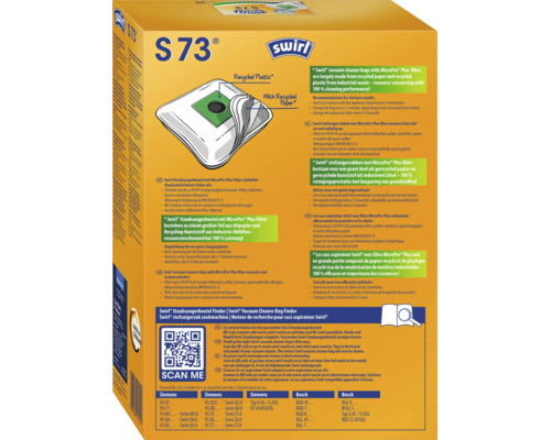Sac aspirateur Swirl S 73 avec filtre MicroPor Plus et clapet de fermeture, compatible avec divers modèles d aspirateurs Siemens et Bosch.