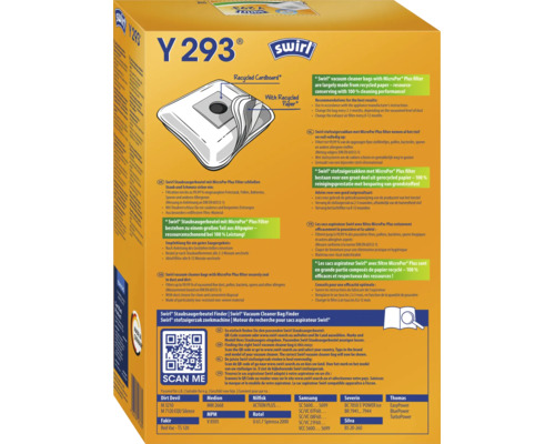 Sac aspirateur Swirl Y 293 avec filtre MicroPor Plus et code QR pour la recherche de produits.