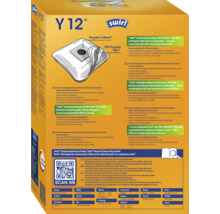 Sac aspirateur Swirl Y 12 avec filtre MicroPor Plus en papier recyclé, compatible avec divers modèles d'aspirateurs, emballage avec informations.