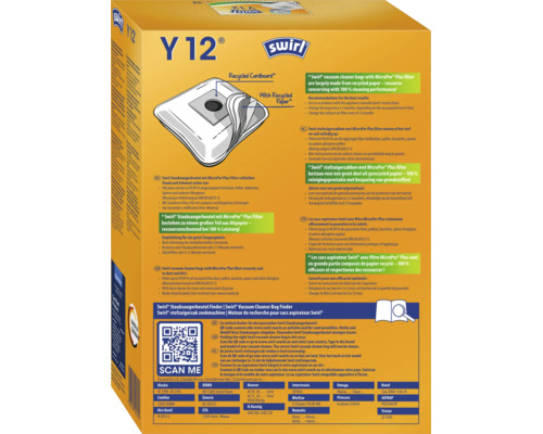 Sac aspirateur Swirl Y 12 avec filtre MicroPor Plus en papier recyclé, compatible avec divers modèles d'aspirateurs, emballage avec informations.