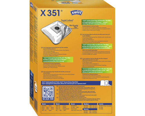 Sac aspirateur Swirl X 351 avec filtre MicroPor Plus sur emballage produit