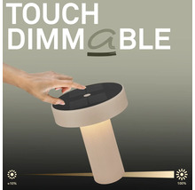 Eine Hand bedient eine dimmbare Tischleuchte mit Touchfunktion und Solarpanel auf der Oberseite.