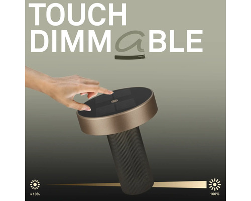 Hand berührt die Oberseite einer runden LED Tischleuchte mit Touch Dimmfunktion zur stufenlosen Helligkeitseinstellung von zehn bis hundert Prozent.